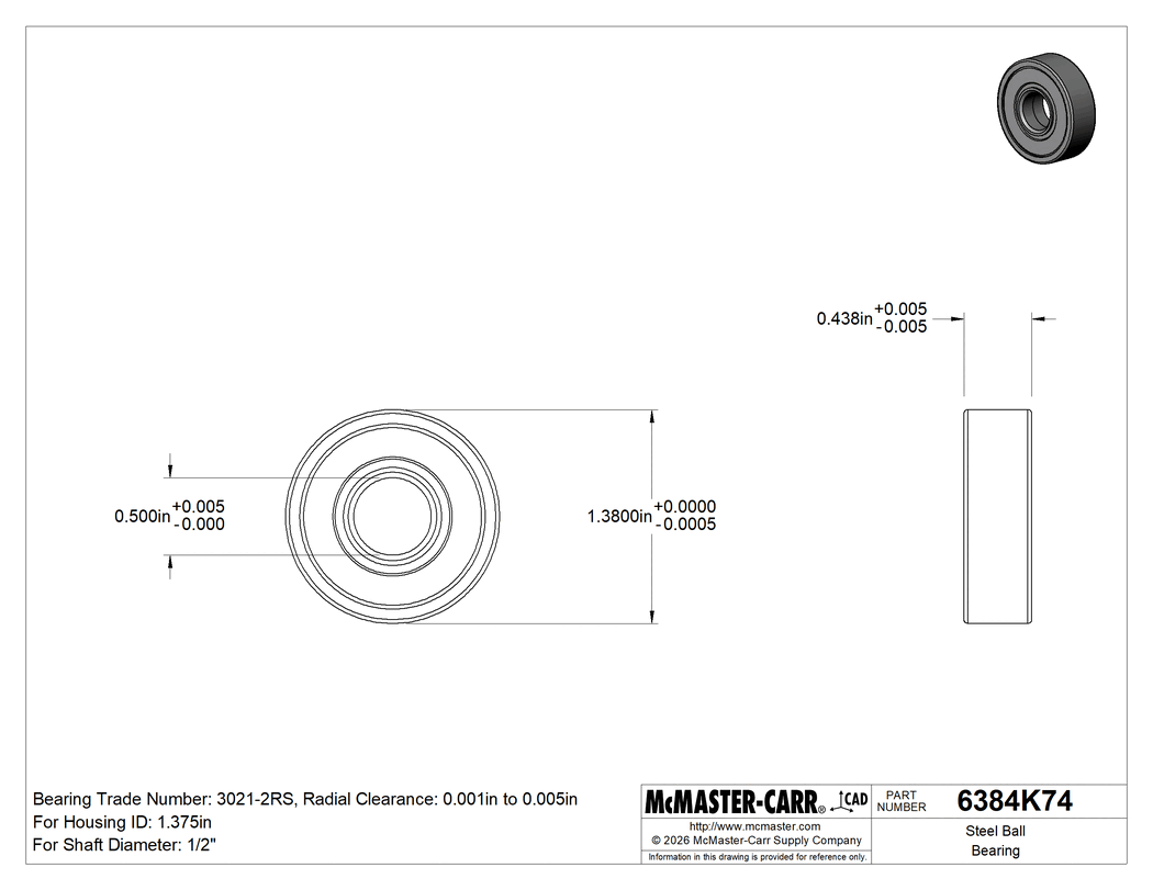 Technical Drawing of Steel Ball Bearing, Sealed, Trade No. 3021-2RS, for 1/2" Shaft Diameter.